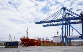 The Liberian-flagged Oris Emergy, an oil/chemical tanker, moored at Lobito Port. Picture: ELIZABETH FRANTZ/Reuters